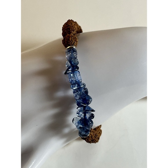 Rudraksha Seeds Bracelet  Blue Polsihed Glass Chips Signed - Picture 1 of 6